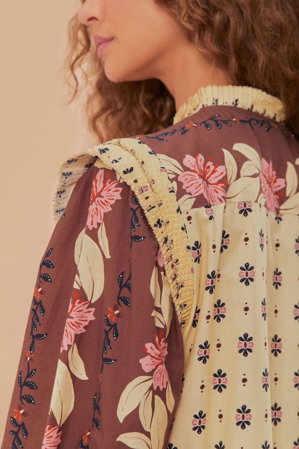 FARM Rio Ainika Maxi Floral Cream Open Yoke Mini Dress Clearance