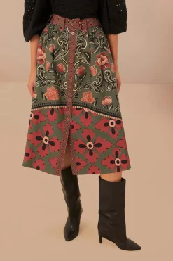 FARM Rio Arabesque Floral Green Buttons Midi Skirt Online