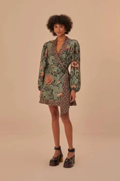 FARM Rio Arabesque Floral Green Long Sleeve Mini Dress Outlet
