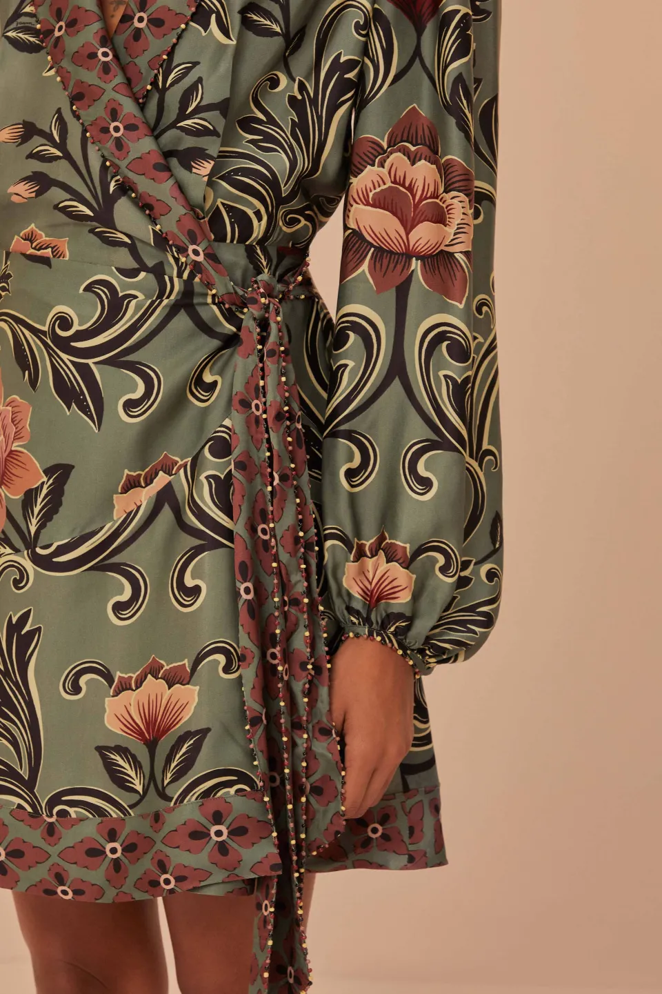 FARM Rio Arabesque Floral Green Long Sleeve Mini Dress Outlet