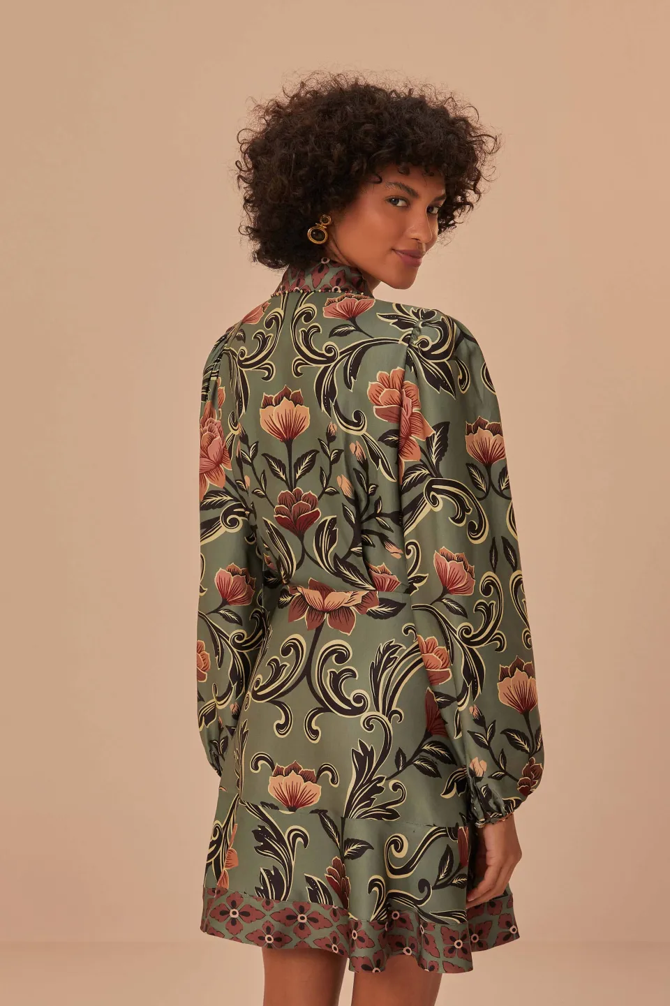 FARM Rio Arabesque Floral Green Long Sleeve Mini Dress Outlet