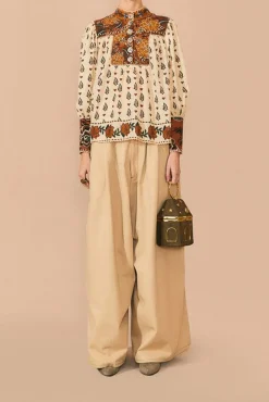 FARM Rio Beige Ainika Floral Long Sleeve Blouse Outlet