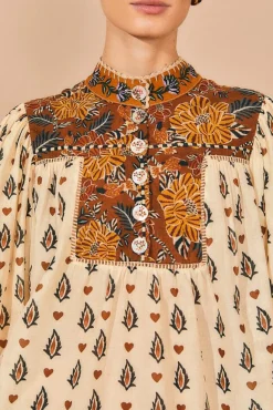 FARM Rio Beige Ainika Floral Long Sleeve Blouse Outlet