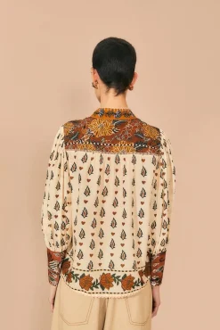 FARM Rio Beige Ainika Floral Long Sleeve Blouse Outlet