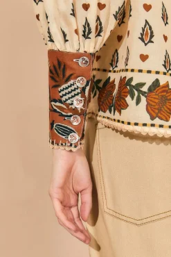 FARM Rio Beige Ainika Floral Long Sleeve Blouse Outlet