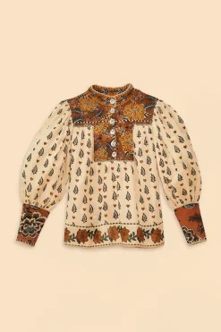 FARM Rio Beige Ainika Floral Long Sleeve Blouse Outlet
