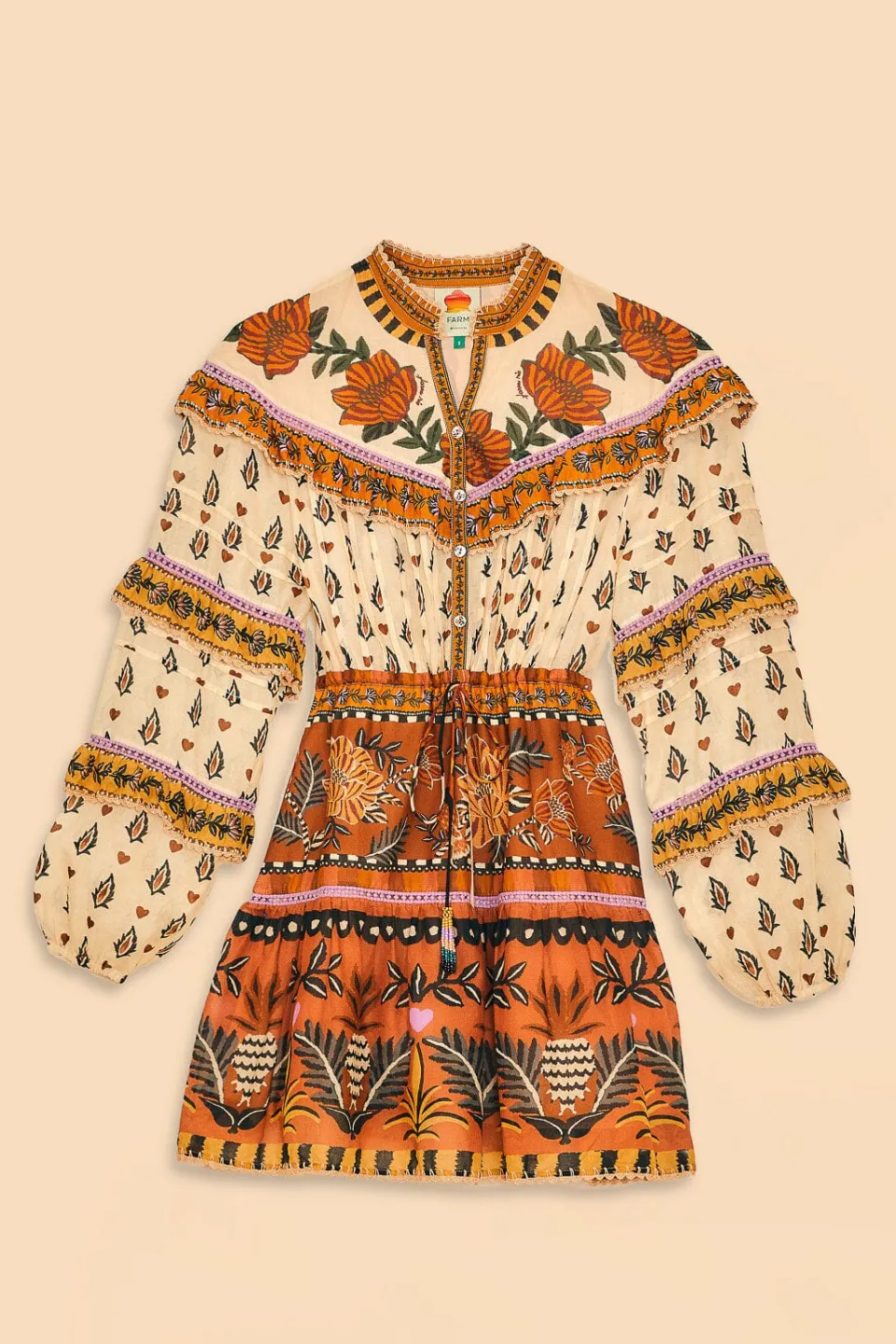 FARM Rio Beige Ainika Floral Ruffle Mini Dress Discount
