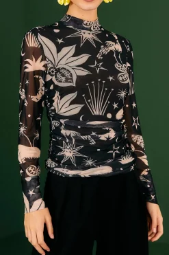 FARM Rio Black & White Cerrado Sky Tulle Blouse Best