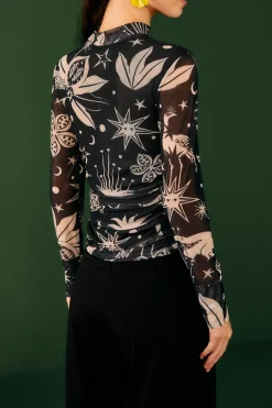 FARM Rio Black & White Cerrado Sky Tulle Blouse Best