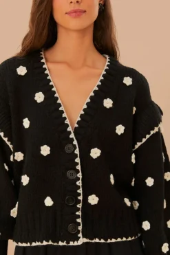 FARM Rio Black And White Flowers Knit Cardigan Best