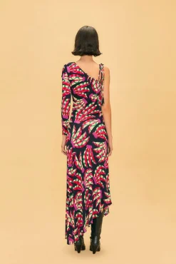 FARM Rio Black Banana Dots One Shoulder Midi Dress Hot