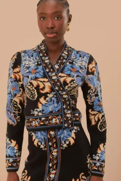 FARM Rio Black Blossom Tapestry Knit Wrap Blouse Clearance