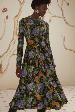 FARM Rio Black Capri Floral Midi Dress Long Sleeve Discount