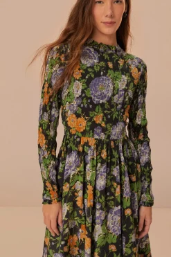 FARM Rio Black Capri Floral Midi Dress Long Sleeve Discount