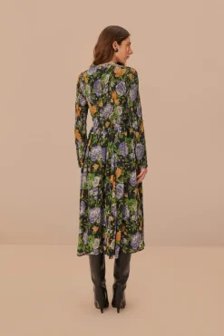 FARM Rio Black Capri Floral Midi Dress Long Sleeve Discount