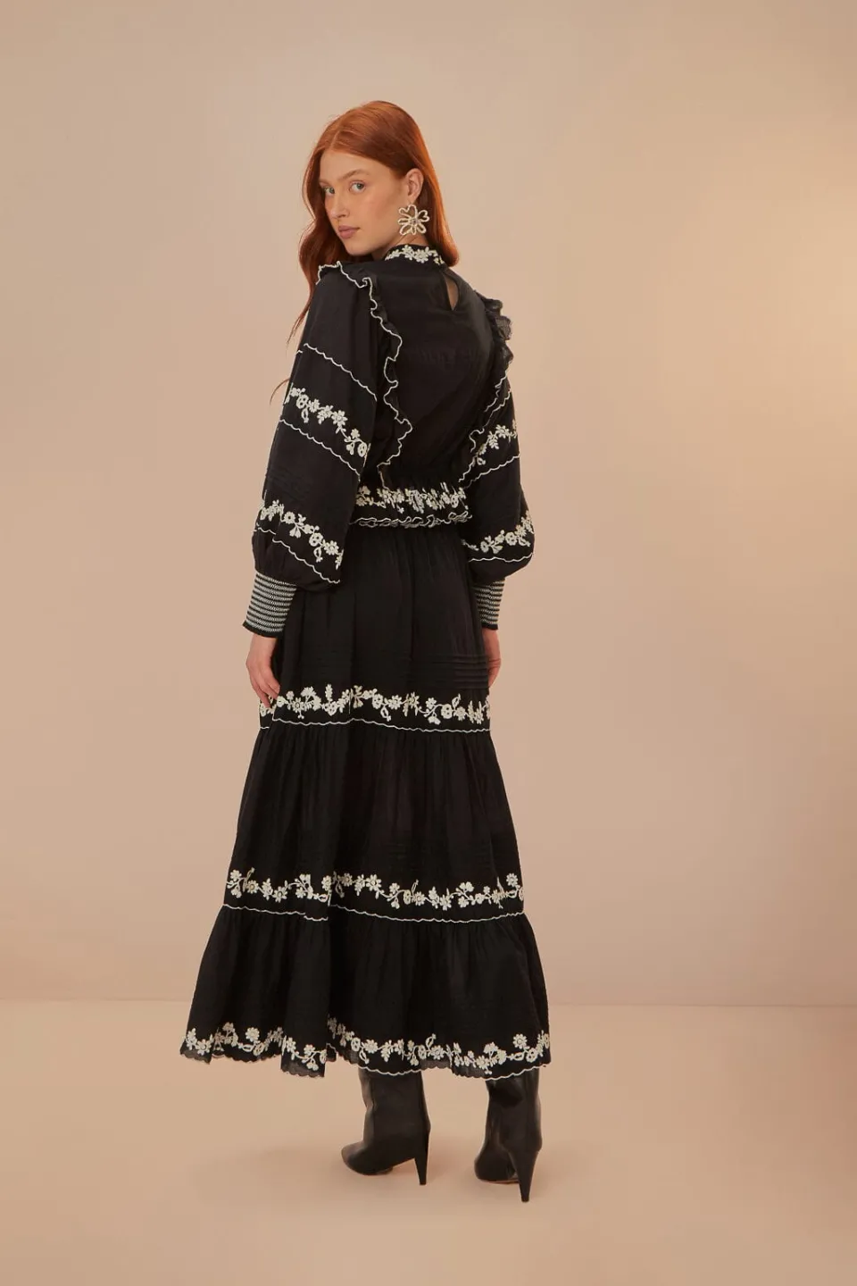 FARM Rio Black Embroidered Ruffle Maxi Skirt Sale