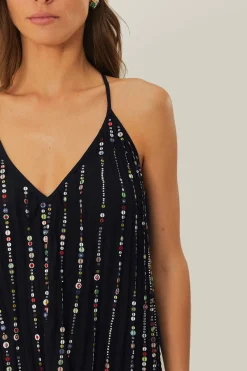 FARM Rio Black Embroidered Stones Pleated Midi Dress Clearance