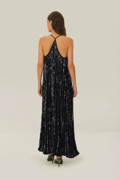 FARM Rio Black Embroidered Stones Pleated Midi Dress Clearance