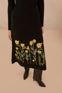 FARM Rio Black Flowers Embroidered Knit Skirt Clearance