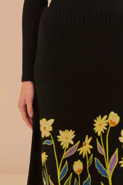 FARM Rio Black Flowers Embroidered Knit Skirt Clearance