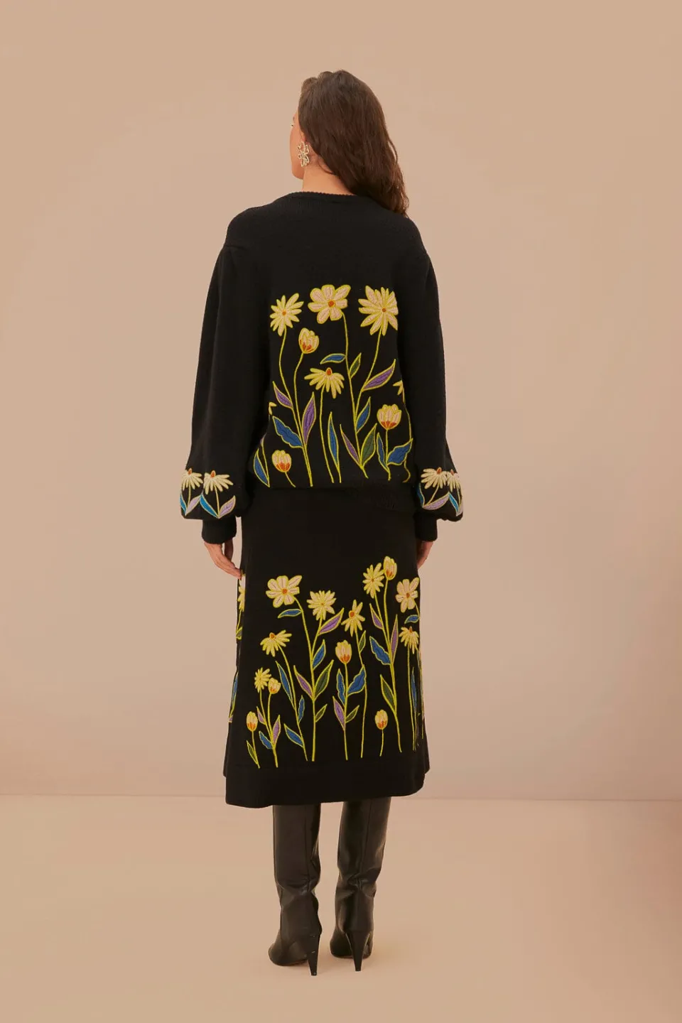 FARM Rio Black Flowers Embroidered Knit Skirt Clearance