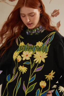 FARM Rio Black Flowers Embroidered Knit Sweater Hot
