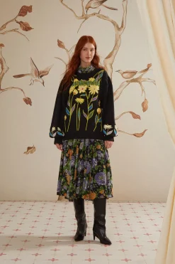 FARM Rio Black Flowers Embroidered Knit Sweater Hot