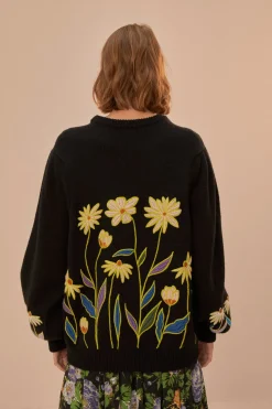 FARM Rio Black Flowers Embroidered Knit Sweater Hot
