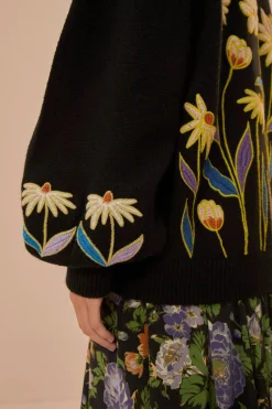 FARM Rio Black Flowers Embroidered Knit Sweater Hot