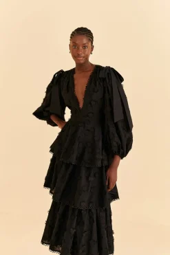 FARM Rio Black Flowers Textured Tiered Midi Dress Clearance