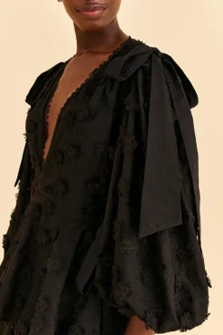 FARM Rio Black Flowers Textured Tiered Midi Dress Clearance