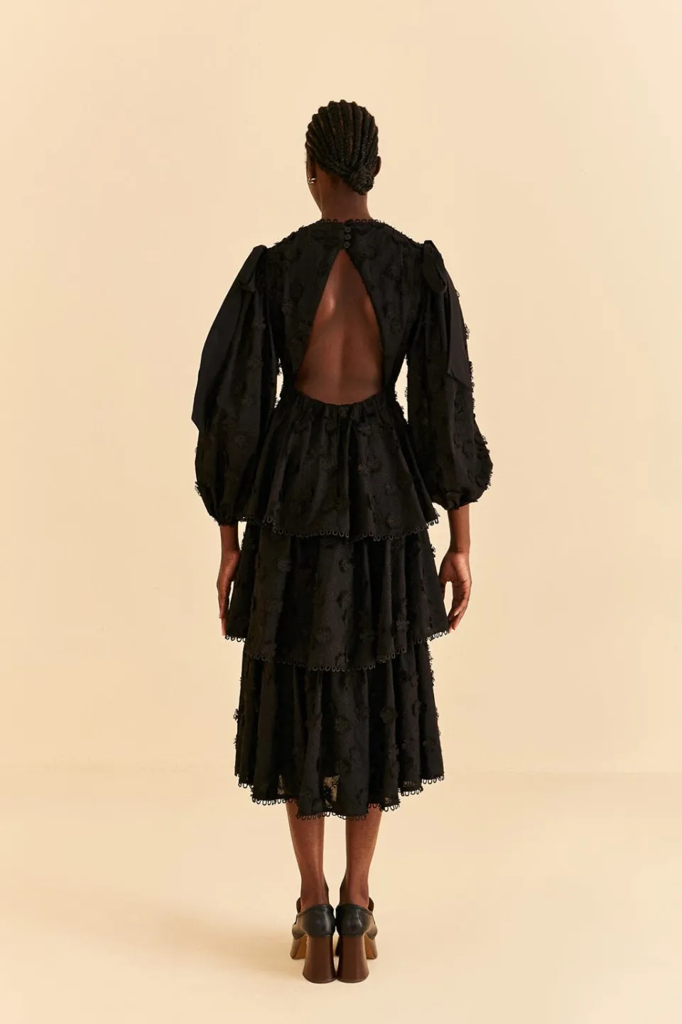 FARM Rio Black Flowers Textured Tiered Midi Dress Clearance
