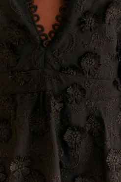 FARM Rio Black Flowers Textured Tiered Midi Dress Clearance