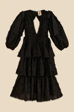 FARM Rio Black Flowers Textured Tiered Midi Dress Clearance