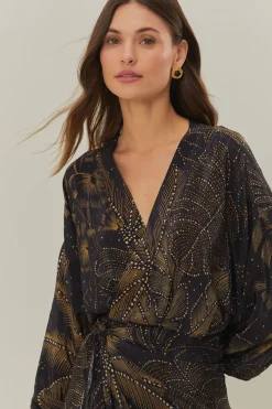 FARM Rio Black Golden Foliage Mini Dress Puffy Sleeve Sale