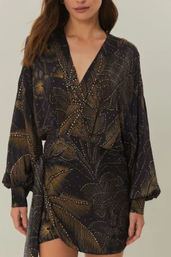 FARM Rio Black Golden Foliage Mini Dress Puffy Sleeve Sale