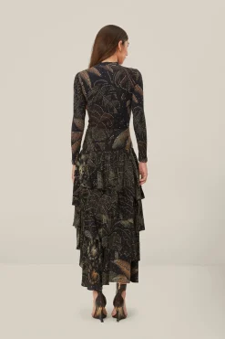 FARM Rio Black Golden Foliage Ruffled Skirt New