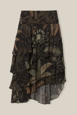 FARM Rio Black Golden Foliage Ruffled Skirt New