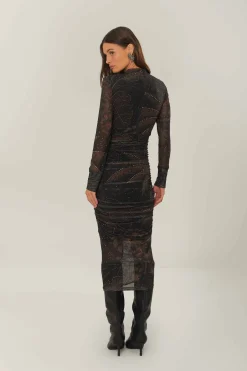 FARM Rio Black Golden Foliage Tulle Midi Dress Online