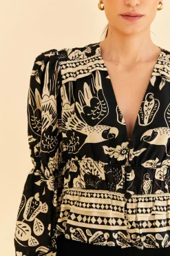 FARM Rio Black Graphic Floral Blouse Outlet