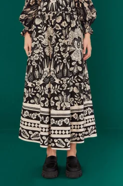 FARM Rio Black Graphic Floral Organic Cotton Midi Skirt Discount