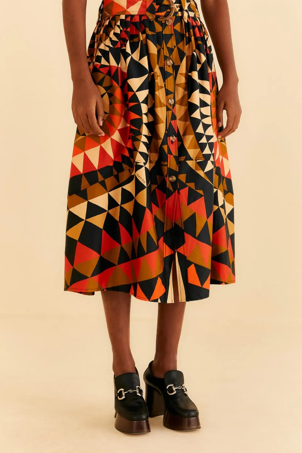 FARM Rio Black Heart Deco Button Down Midi Skirt Clearance