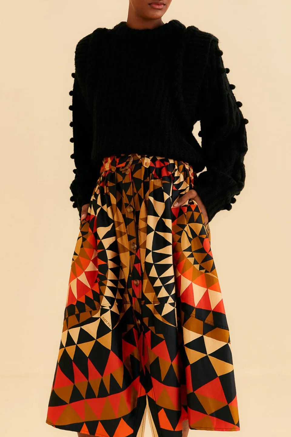 FARM Rio Black Heart Deco Button Down Midi Skirt Clearance
