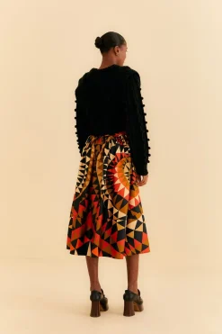 FARM Rio Black Heart Deco Button Down Midi Skirt Clearance