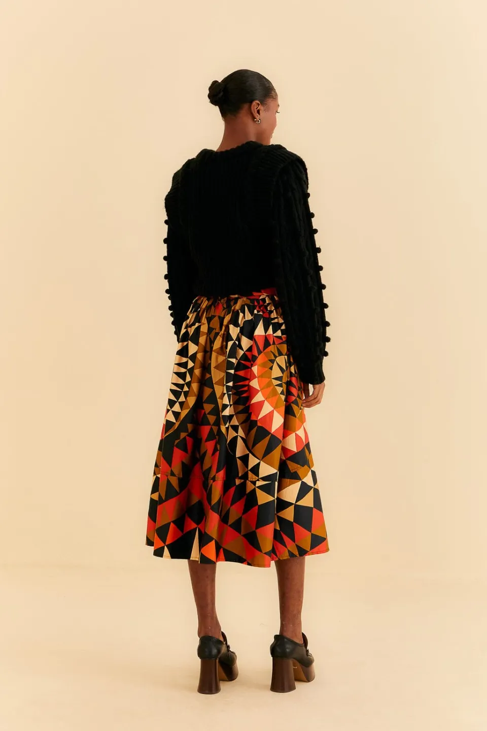 FARM Rio Black Heart Deco Button Down Midi Skirt Clearance