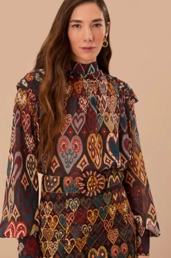 FARM Rio Black Hearts Ikat Blouse Hot