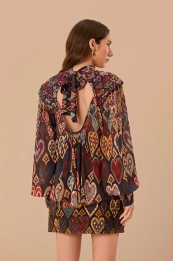 FARM Rio Black Hearts Ikat Blouse Hot