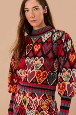 FARM Rio Black Hearts Ikat Knit Sweater