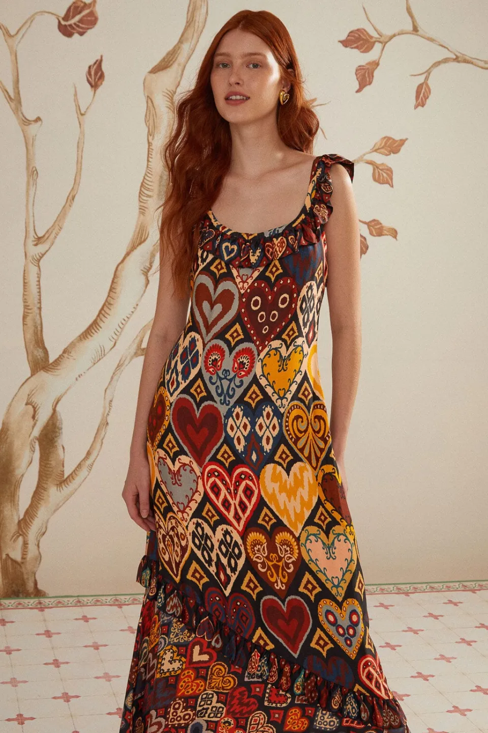 FARM Rio Black Hearts Ikat LENZING™ ECOVERO™ Viscose Maxi Dress Outlet