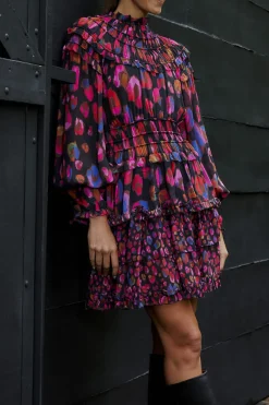 FARM Rio Black Iridescent Leopards Ruffle Mini Dress Hot